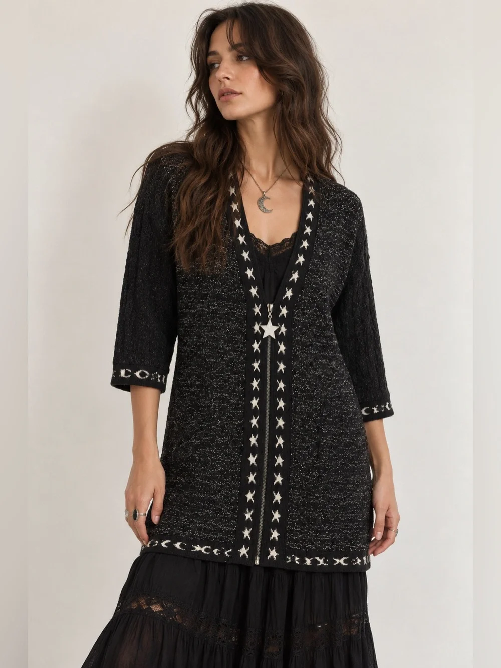 Vintage 90s SK Wear Black Witch Stars and Moons Knit Full Zip Sweater